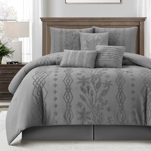 Image of LANCO MODERN LIFESTYLE Grey Comforter Set, Queen Size, 7 Pieces Jacquard Boho Bedding Set for All Seasons, Ultra Soft and Fluffy, Matching Pilllow Shams, Bedskirt and Decor Pillows