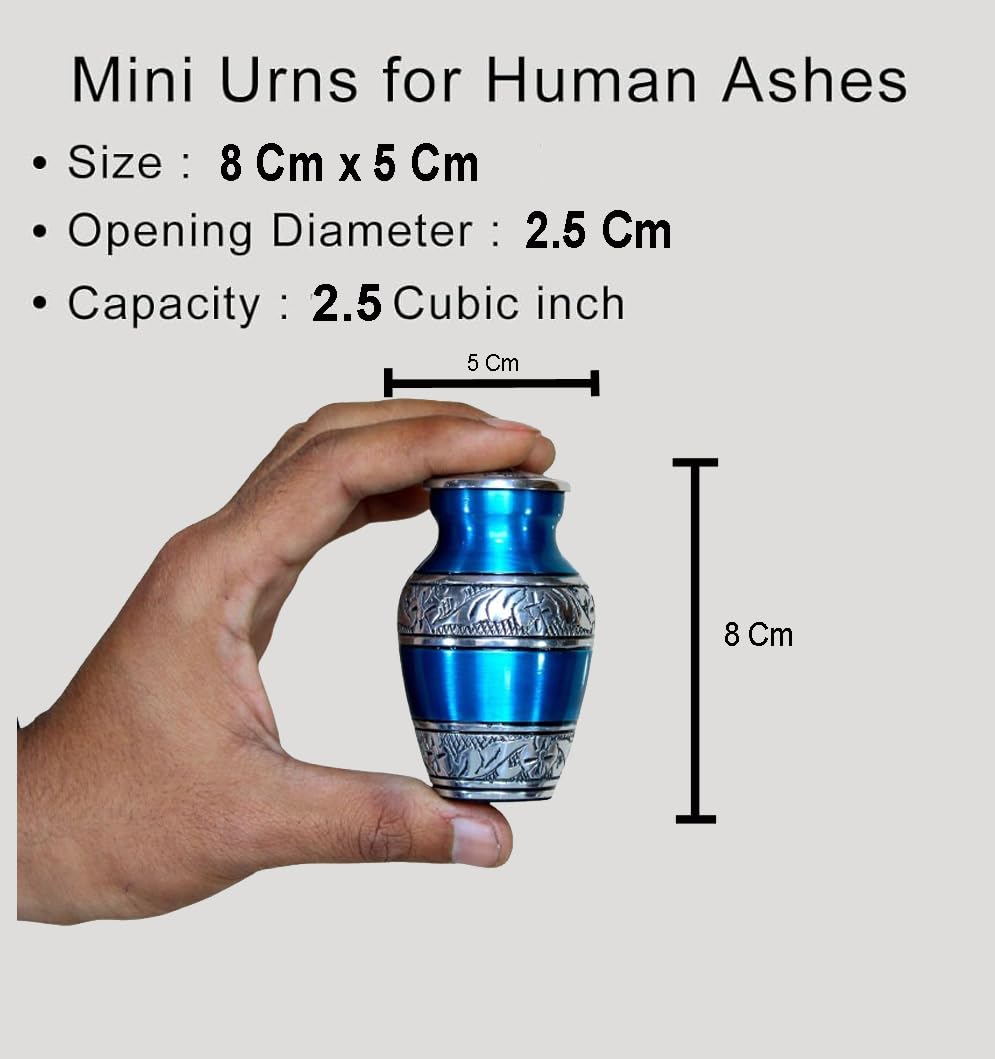 eSplanade Tarro conmemorativo de metal con forma de urna de cremación, juego de 4, urnas pequeñas para entierro de cenizas funerarias, recuerdos grabados y texturizados, azul, 3 pulgadas