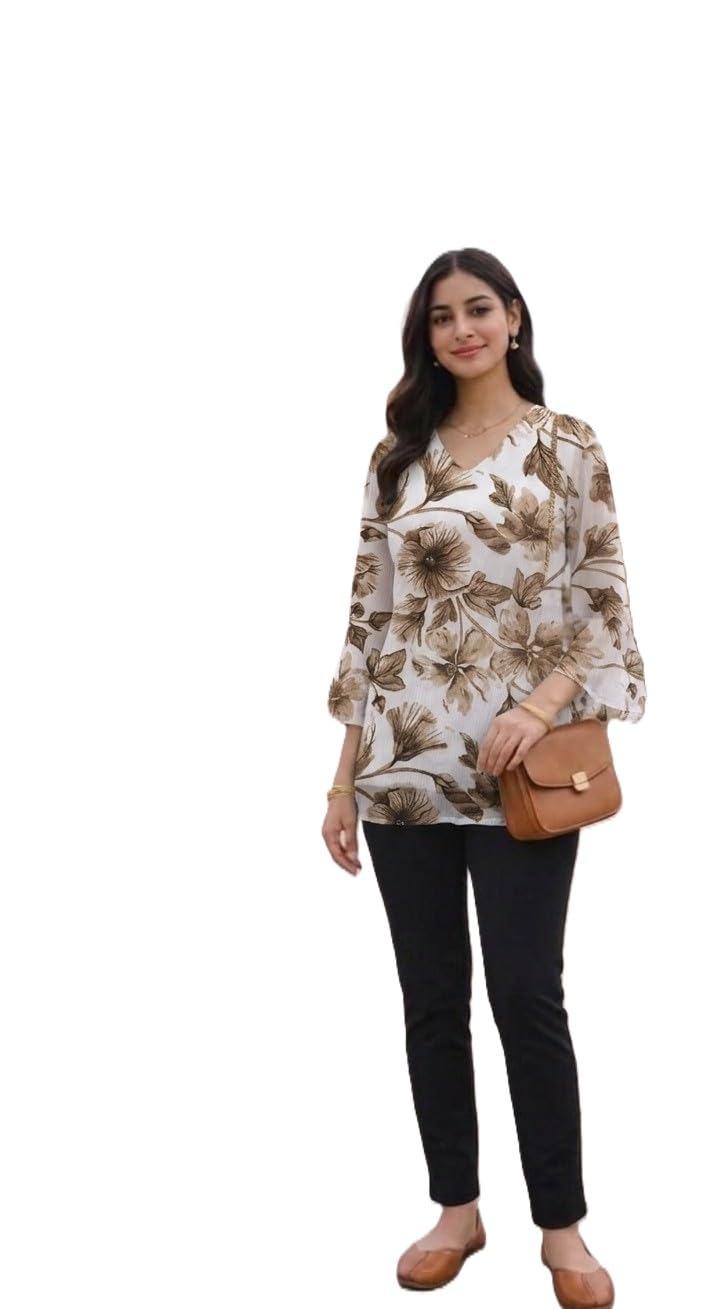 Laxmi Xport Women's Floral Print Tunic Top, V-Neck, 3/4th Gathered Sleeves, Moss Crepe Polyester, Semi-Formal Style-picture-44