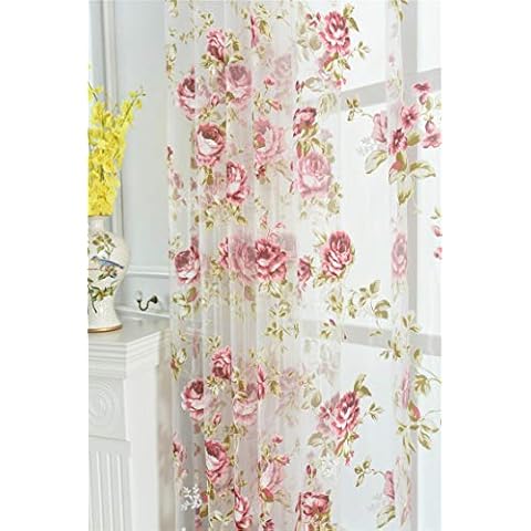 Kolachic Rod Pocket Top Rose Floral Sheer Voile Curtain, Pink Flower Tulle Transparent Window Treatment for Living Room Bedroom Glass Door, 54 by 84 Inch Each,1 Set of 2 Panels … Cover