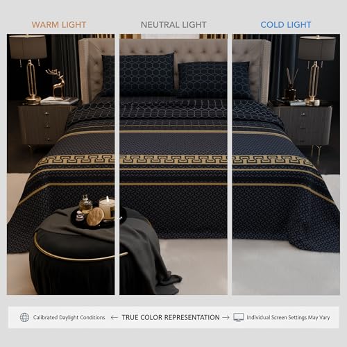 Image of Stoa Paris 100% Bamboo Cotton King Size Bedsheet with 2 Pillow Covers, 200TC Printed Bedding Set, Breathable, All-Season Comfort, Aesthetic Home Decor, Imperial Grandeur - Obsidian Suite(228cmx274cm)