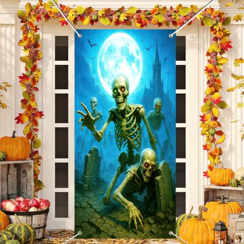 Image of BlissYard Halloween Skeleton Graveyard Door Cover 35x71 Inch Polyester | Entry Banner, Wall Backdrop | Skeleton Graveyard Door Decor, Party Scene | Porch, Hallway, Photos (Haunted House)