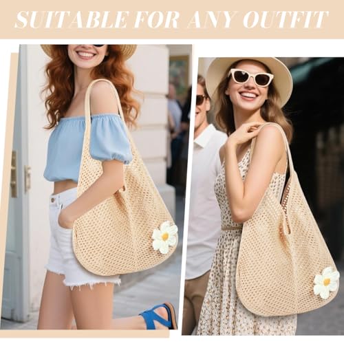 Image of PALAY Tote Bag for Woman Crochet Mesh Beach Shoulder Bags with Flower Brooch Summer Vacation Knitted Bag for Women Shoulder