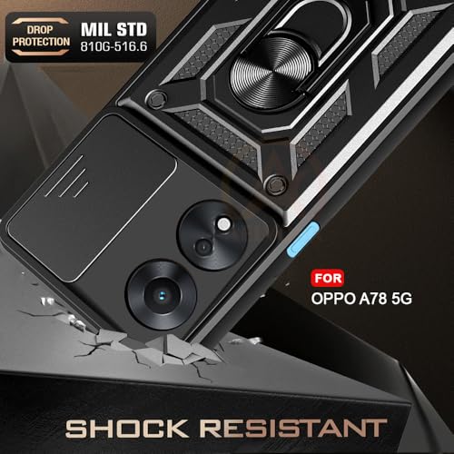Image of Armor Bumper Back Cover Case for Oppo A78 5G Rotating Camera Cover, Ring Holder & Kickstand | Heavy Duty & 360 Degree Protection Oppo A78 5G Back Cover (Black)