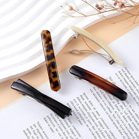2 Pcs 2.56 Inch French Barrette Hair Clips for Women, Small Tortoise Shell Hair Clip, Curved Glossy Thin Hair Flat Hair Accessories for Women Girls(Black, White) - Image 5