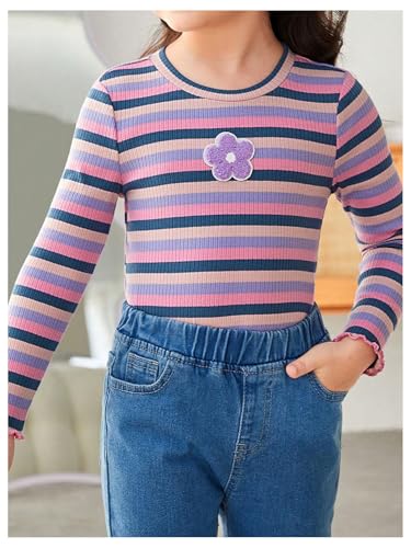 WDIRARA Toddler Girl's Striped Long Sleeve T Shirt Floral Patched Crewneck Tee Top3