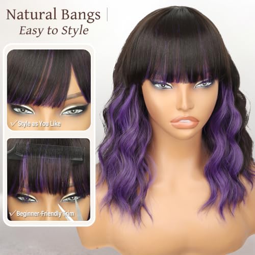Image of Nnzes Short Wavy Bob Wig with Bangs for Women Shoulder Length Curly Dark Brown with Purple Synthetic Heat-Resistant Fiber Hair for Daily & Party Use