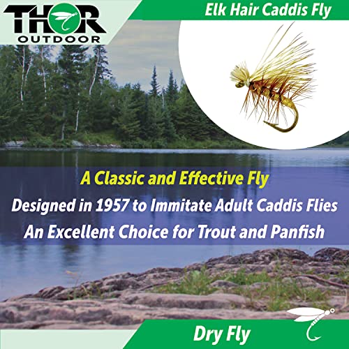 Thor Outdoor Elk Hair Caddis 6 Pc Dry Fly Set - Tan, Hook Size #14 - Simple, Effective Fly Fishing Flies For Trout, Bluegill, Freshwater Panfish #TOP1