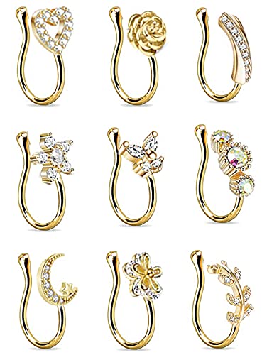 9Pcs Fake Nose Rings Hoop for Women Faux Cartilage Tragus Ring Nose Cuff Non Piercing Jewelry Set