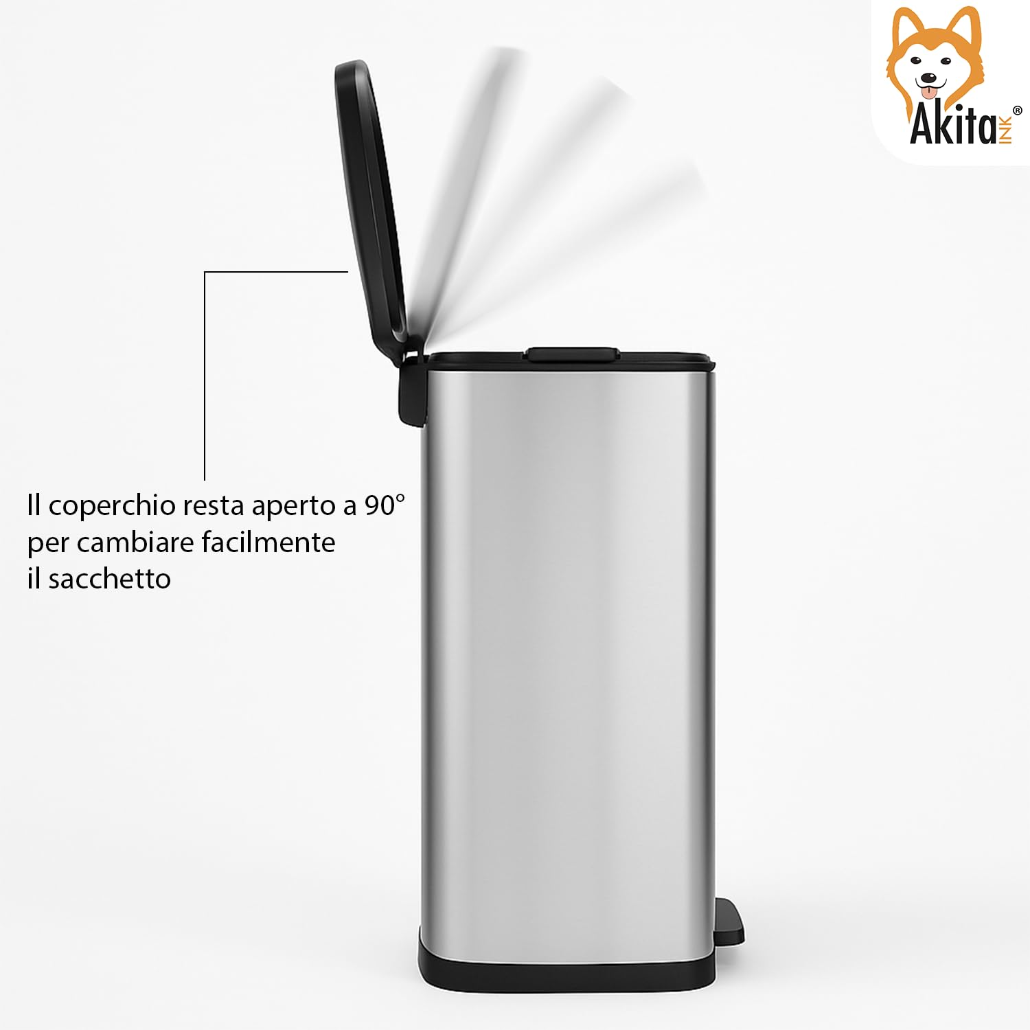 AKITAInk Pattumiera a Pedale BIG XXL 28,8x39x65,4 cm - Compatibile con 2 Sacchetti, Chiusura Soft Close, Raccolta Differenziata, Grigio Metallizzato, per Cucina e Ufficio, Facile Pulizia