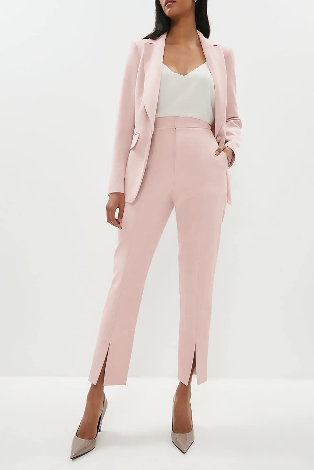Women's Business Suit Set Lady Long Sleeve Single Breasted Open Front Office Blazer Split Front Pants Two Piece Outfits Pink