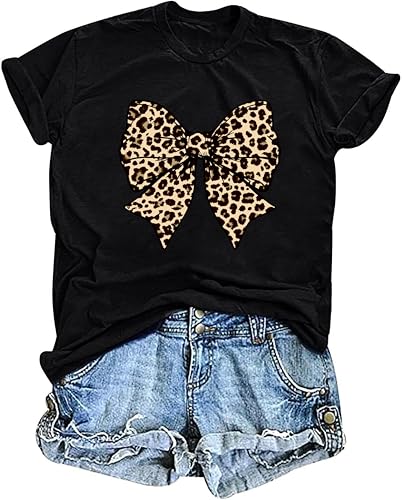 Image of Bow Leopard Shirt for Women Cheetah T-Shirts for Women Bow Graphic Tees Short Sleeve Aesthetic Tee Top