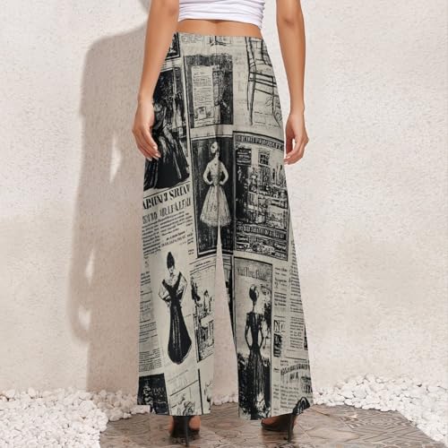 Newspaper Print Women's Wide Leg Pants Casual High Waist Stretchy Lounge Pants Summer Beach Trousers2