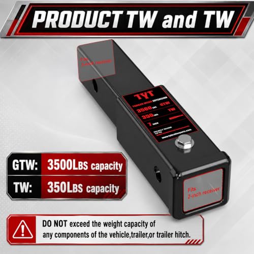 Image of TYT Trailer Hitch Tube Extender for 2 inch Receiver, 7 inch Extension Length, with 5 /8 inch Pin and Clip, 3500 lbs GTW