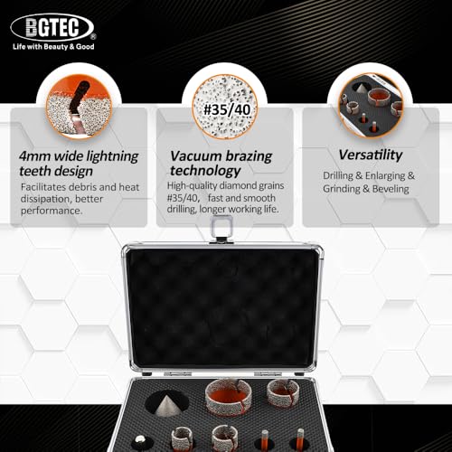 Image of Diamond Core Drill Bit Kit BGTEC Diamond Hole Saw Tile Cutter for Porcelain Tile Ceramic Marble Brick Granite Stone, 5 /8 inch-11 Thread 6 /6 /20 /25 /35 /50mm+50mm Chamfer Bit+Triangle Adapter