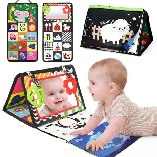 BBWOO Tummy Time Toys Black and White High Contrast Baby Toys for Newborn Baby Visual Stimulation Mirror Montessori Crinkle Book for Infant 0-3-6-12 Months Boy Girl Shower Gift