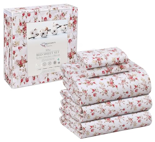 RUVANTI 100% Cotton Split King Sheets Sets for Adjustable Bed, 5 PCs, Soft & Breathable Percale Weave Bedding, Deep Pocket 16", Hotel Standard, Crisp Cool Feel & Durable, Floral Sheet, Bouquet