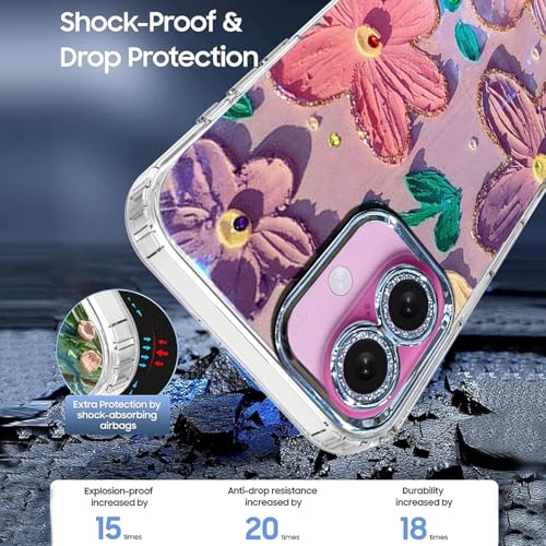 Image of VONZEE Laser Flower Case Compatible with iPhone 16, Colorful Oil Painting Design, Shockproof PC+TPU Hybrid Cover, Full Camera Protection Glossy Cute Protective Case for Women & Girls, Pink & Purple
