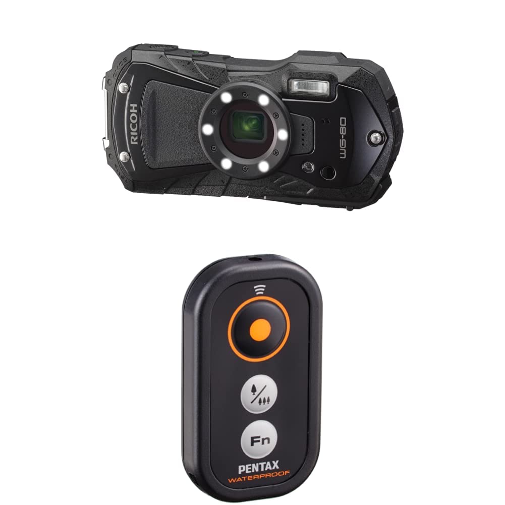 Ricoh WG-80 Black Waterproof Digital Camera Shockproof Freezeproof Crushproof 03123 with Pentax 39892 Waterproof Remote Control Black