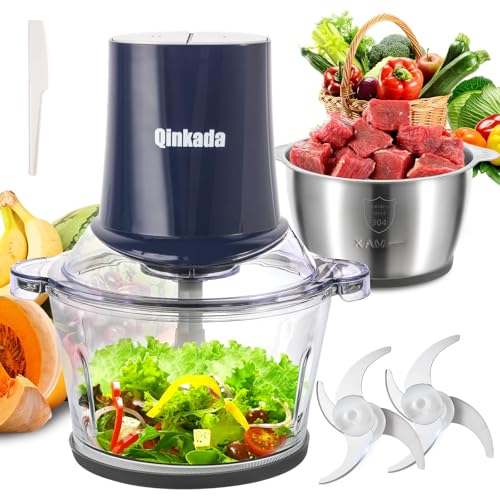 Qinkada Food Processors with 2 Bowls, 400W Meat Grinder, Food Chopper Electric, 2 Speed, 8Cup Glass...