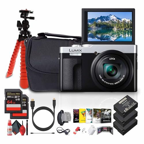 Panasonic ZS99 Point and Shoot Compact Travel Digital Camera (Silver) (DC-ZS99S) + Photography Software + 2 x 64GB Memory Card + 2 x DMW-BLG10 Battery + Camera Bag + Flexible Tripod + More