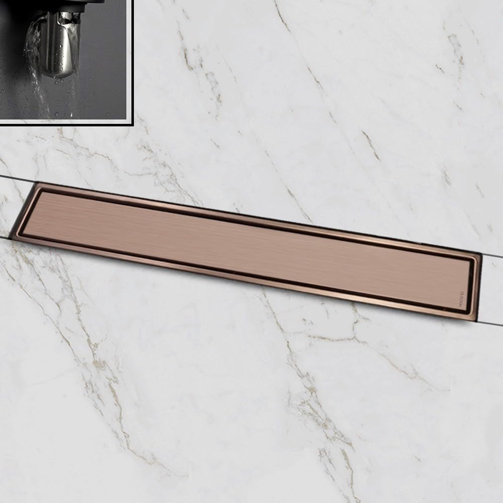 Desagüe Oculto para Suelo de baño, Color Oro Rosa Cepillado, con Tapa extraíble, Color Gris, Acero Inoxidable 304, 600 mm de Largo, Sello de Gravedad RG (RG Deep Seal)
