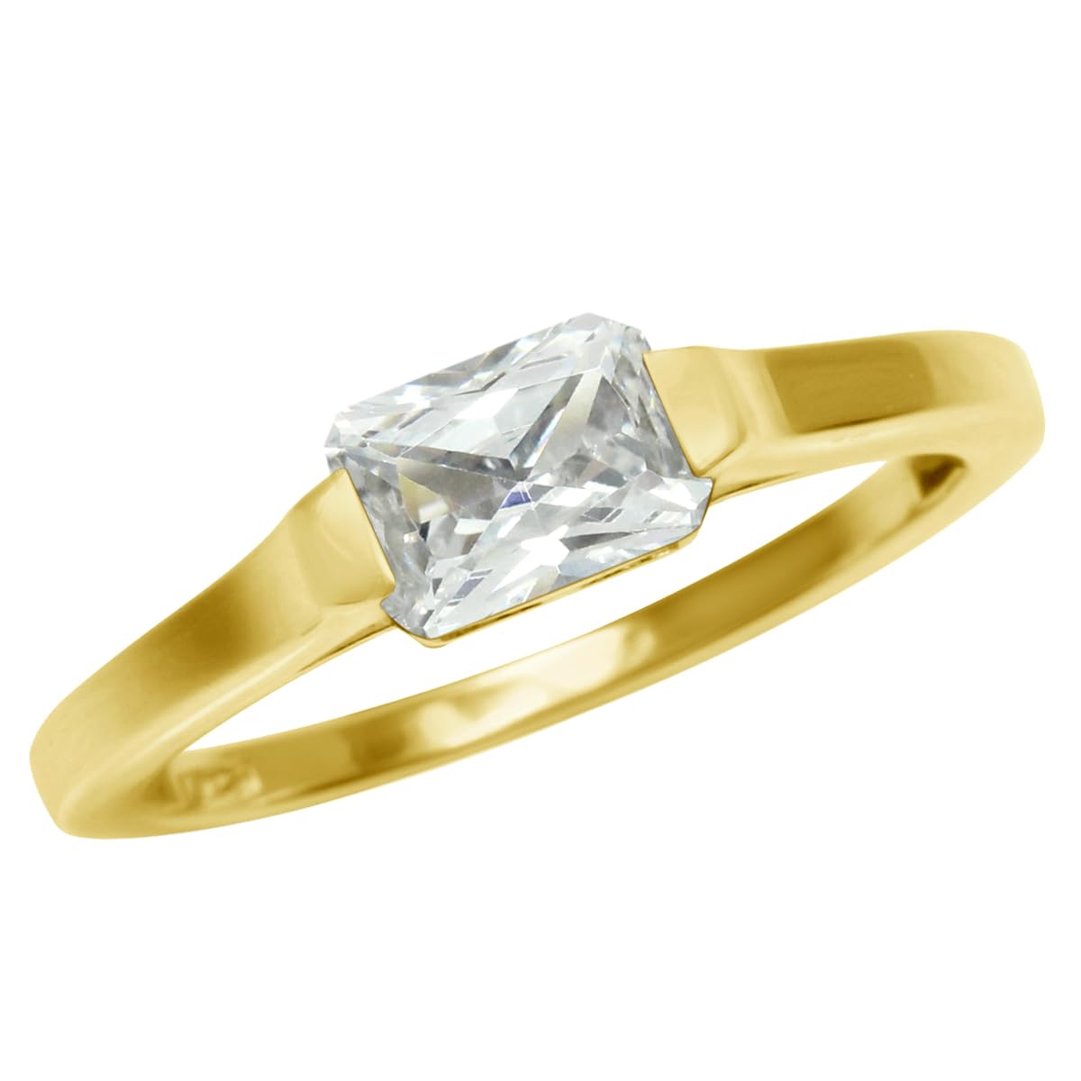 Half Bezel Set Octagon Shape Gemstone White Gold Plated or Yellow Gold Plated 925 Sterling Silver Minimalist East-West Solitaire Promise Ring Jewelry for Women