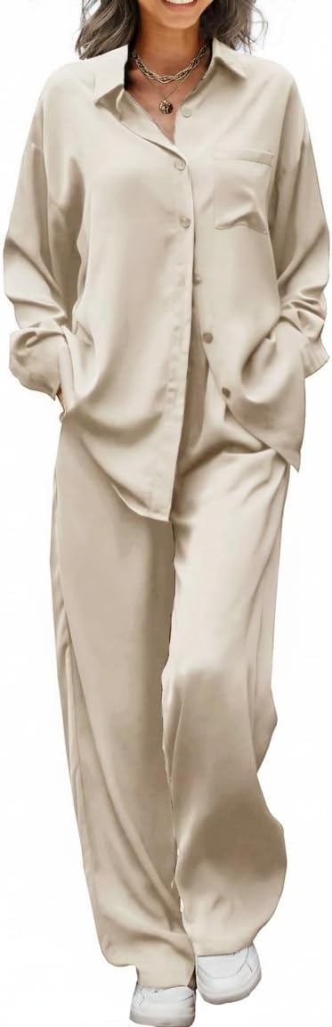 Ekouaer Womens Satin Silky Pajama Set 2 Piece Print PJs Soft Loungewear Button Down Sleepwear with Elastic Waist Long Pants