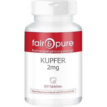 Fair & Pure Copper 2 mg Daily Dose 120 Tablets Swallow-friendly Copper Bisglycinate Dietary Supplement Vegan without Magnesium Stearate Made in Germany