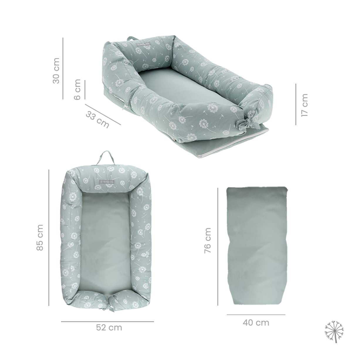 MIMUSELINA | Cuco Nest Reductor de Cuna Bebe - Cama Nido Bebe Recien Nacido Desenfundable y Impermeable - Cuna Nido Portátil Colecho, Chichonera, Cojín de Lactancia, 85x52 cm (Diente León Menta)