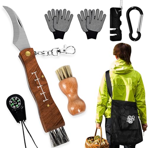 Herenear Navaja Setas con Cepillo de Setas, Mochila para Setas, Brújula y Guantes, Cepillo Cerdas de Jabalí, Afilador de Cuchillos, Navaja para Setas Plegable para Recoger Setas