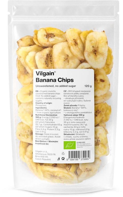 Vilgain Bio Bananenchips Ungesüßt 120 g – Knusprige Getrocknete Bananen Ohne Zuckerzusatz – Veganer Snack In Kokosöl Geröstet – Glutenfrei & Natürlich
