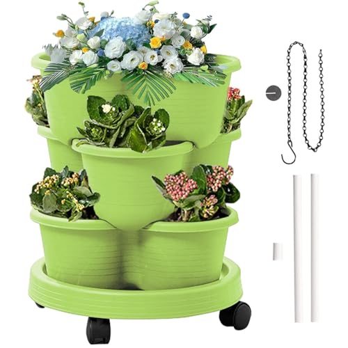 Fioriera verticale da giardino a torre con ruote, 3 ripiani, per fragole ed erbe, impilabile, per uso esterno e interno, salvaspazio