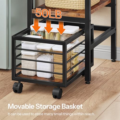 HOOBRO Mini Fridge Stand, Coffee Bar Station with Mini Fridge Space, Bakers Rack with Wine Rack, Mini Fridge Cabinet with Mobile Basket, for Kitchen, Living Room, Rustic Brown and Black BF04BX01 by HOOBRO - Used condition - Image 8