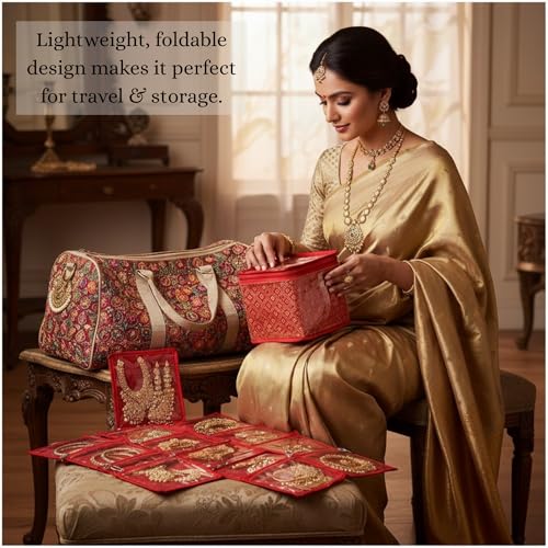 Image of Satin Red Jewellery Box Vanity Bag with 10 Pouches | Necklace, Bangle, Ring & Accessories Organizer for Women | Compact Travel Storage Solution