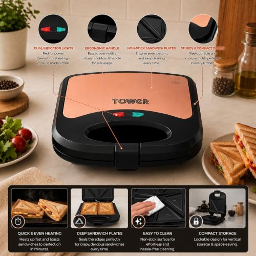 Image of Tower Sandwich Maker 800W Rose Gold Cool Touch Body 2 Year Warranty