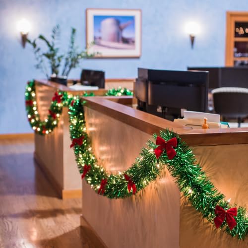 Janinka 32.8 ft Christmas Tinsel Garlands with Red Bows for Cubicle Decor