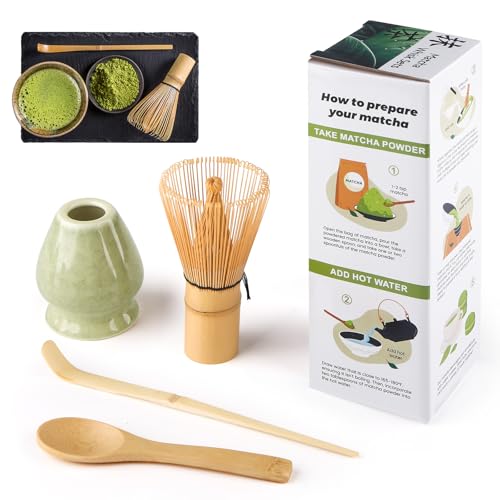 Kit Matcha 4 Piezas, Kit Matcha, Incluye Batidor Matcha De Bambú, Cuchara Tradicional, Cuchara Para Té, Soporte Para Batidor Matcha, El Set Perfecto Para Preparar Una Taza, Verde Jaspeado