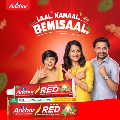 Image of Anchor Herbal Red Ayurvedic Toothpaste 300g (200g+100g) Pack of 2 + Free Toothbrush | 6 Natural Ingredients | Healthy Gums, Plaque Protection & Fresh Breath | 100% Vegetarian
