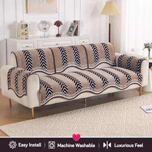 Image of HOKIPO Complete (Seat+Back+Arm) Sofa Mat Set for 3 Seater Sofa |Premium Chenille Sofa Covers with Curve Edges, 'Serene Curves Series' - Nomad Chevron (IN-997+1002+1001 * 2 - D5)
