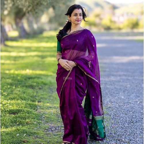 Image of Original Maheswari Cotton Silk Saree for Women | Kanjivaram Pure Silk Cotton Sari with Blouse | Zari Work | Tassels | Handloom Weave