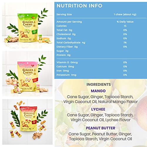 Prince of Peace Ginger Chews Candy Bundle — Original, Lemon, Orange, Mango, Lychee and Peanut Butter Flavors — 100% Natural, Vegan and Gluten-Free Candies, Pack of 6, 4oz (113g)