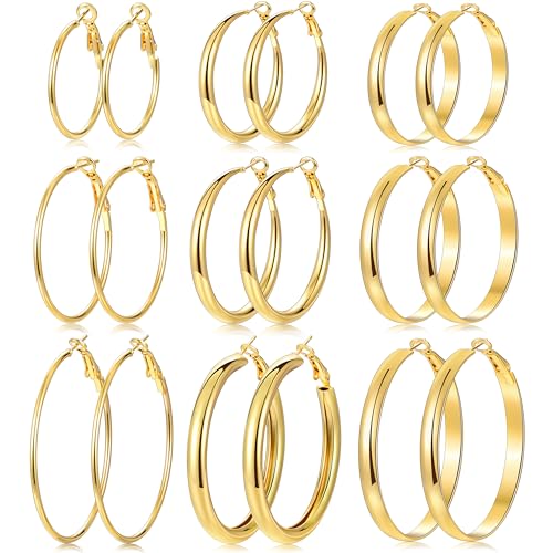 Image of 12 Pairs Gold Hoop Earrings Set for Women, Lightweight Hoop Jewelry