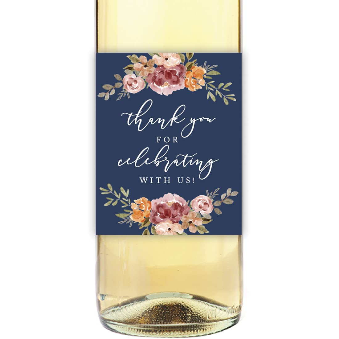 Andaz Press Navy Blue with Orange Pink Fall Watercolor Flowers Wedding Party Collection, Wine Bottle Label Stickers, Thanks for Celebrating with Us, Floral Bouquet Graphic Design, 20-Pack