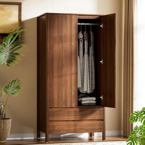 Image of Furniway Armoire Wardrobe Closet, 70.9 inch Tall Wardrobe Cabinet with 2 Doors, 2 Large Drawers and Hanging Rod, Wooden Clothing Storage Cabinet for Bedroom, Cloak Room, Walnut