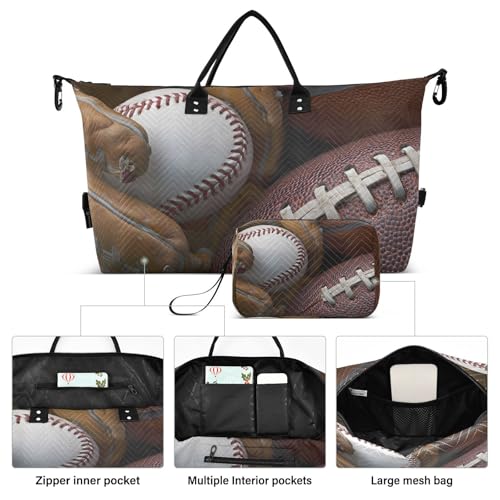 Retro Baseball Glove Football Basketball Large Travel Duffle Bag Weekender Overnight Bags Gym Yoga Bag for Women Men with Toiletry Bag2