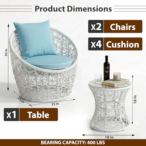 Image of OUTLIVING Outdoor Two Seater Rattan & Wicker Conversation Mudda Set | UV & Water Resistant Patio & Garden Furniture Set with 4 Cushion, 2 Chairs & Center Table with Glass Top| White & Blue