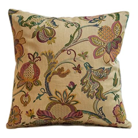 Traditional Tea Rose Heavyweight Tapestry Double Sided Cushion Cover. 17"x17" Square Pillow Cover. Victorian style floral botanical design leaves and flowers. Vintage colourway Cover