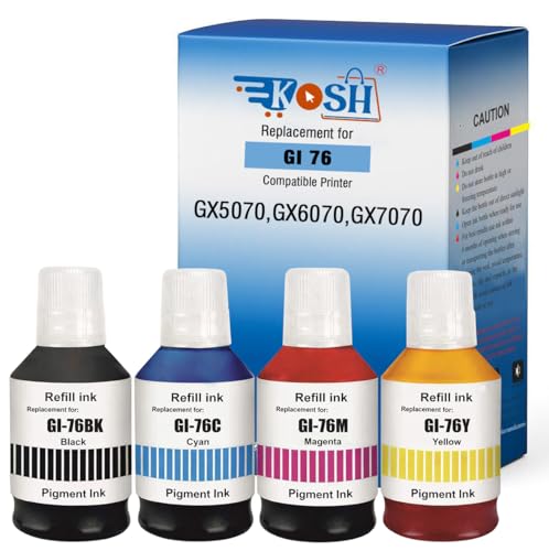 Image of KOSH GI-76 Ink Suitable Bulk Bottle Water Based Refill Ink for Canon MAXIFY GX5070,GX6070,GX7070 Printers 135ml Each Bottle (4, Black Cyan Magenta Yellow)