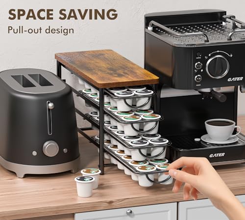 Image of HFHOME Coffee Pod Holder with Wooden Top, Compatible with K-Cups, 4-Tier Coffee Capsule Storage Drawer, 56 Capacity Pods Organizer for Kitchen Counter, Home, Office, Black